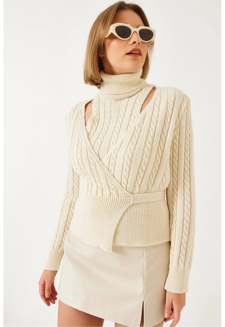 Set coordonat - tricot texturat - guler inalt - bej -