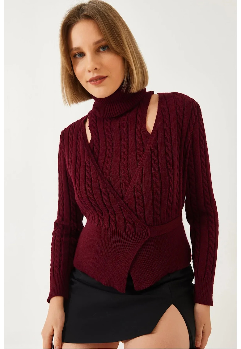 Set coordonat - tricot texturat - guler inalt - visiniu -