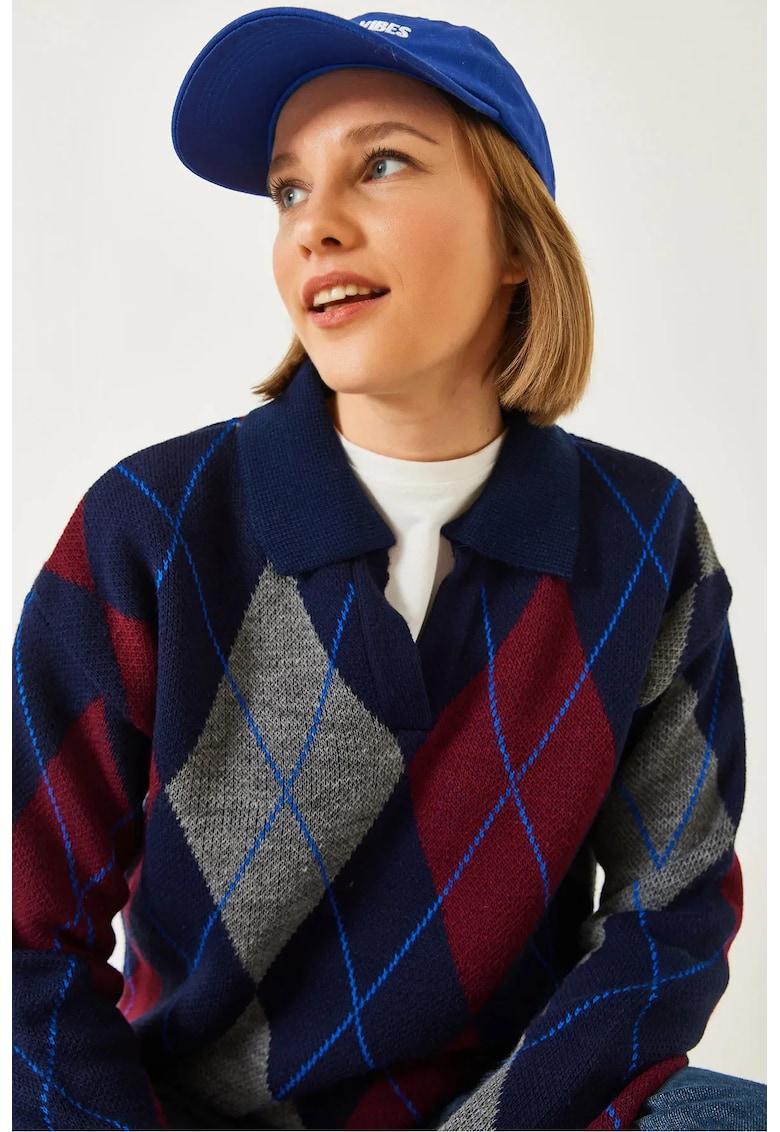 Pulover tricotat -  guler polo - model geometric - multicolor - tricot -