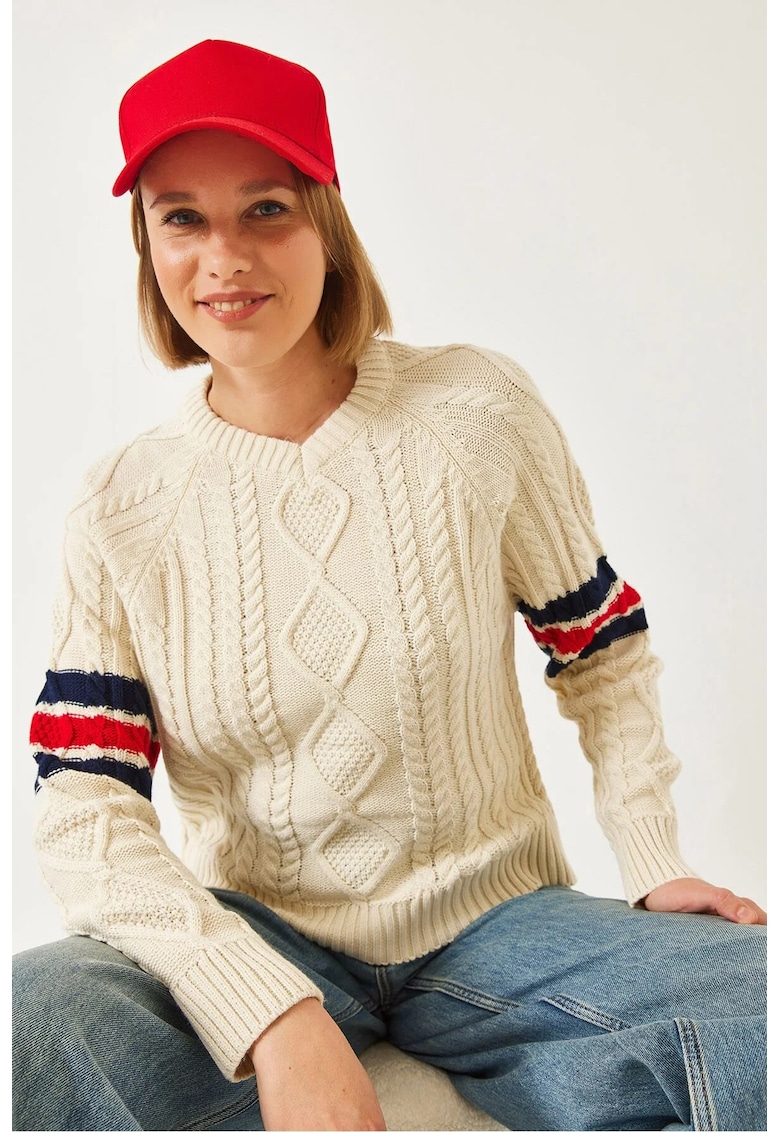 Pulover dama - tricotat cu model - decolteu in V - bej -