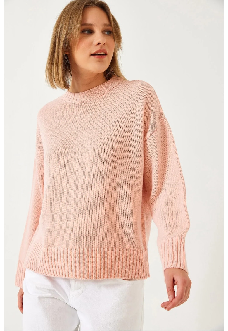 Pulover dama  Relaxed Fit - guler rotund - roz aprins - acril -