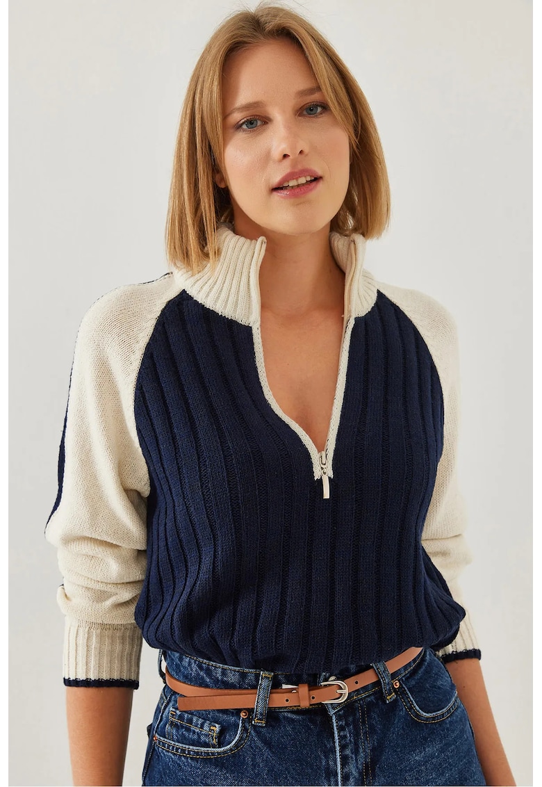 Pulover dama -  acrilic texturat - guler cu fermoar - bleumarin - tricot -