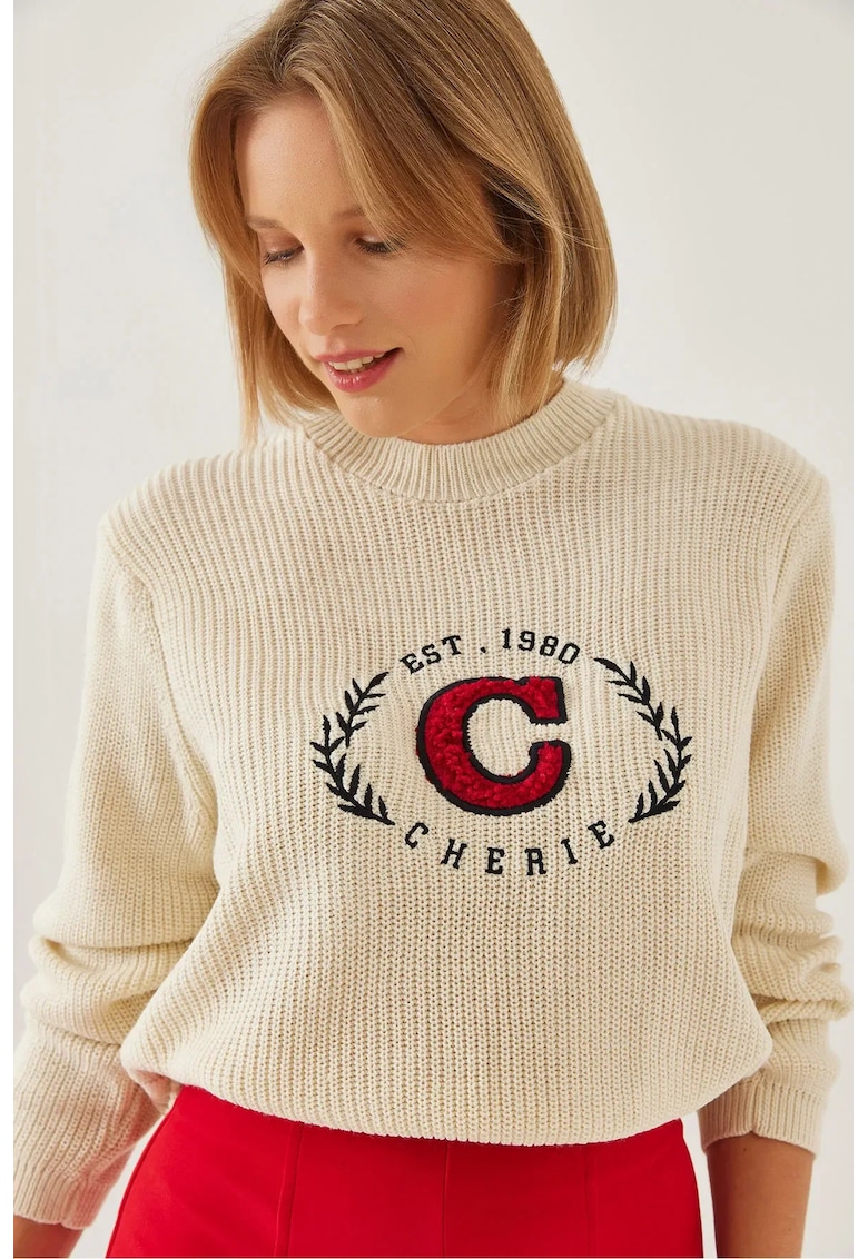 Pulover tricotat -  guler rotund - brodat - acril -