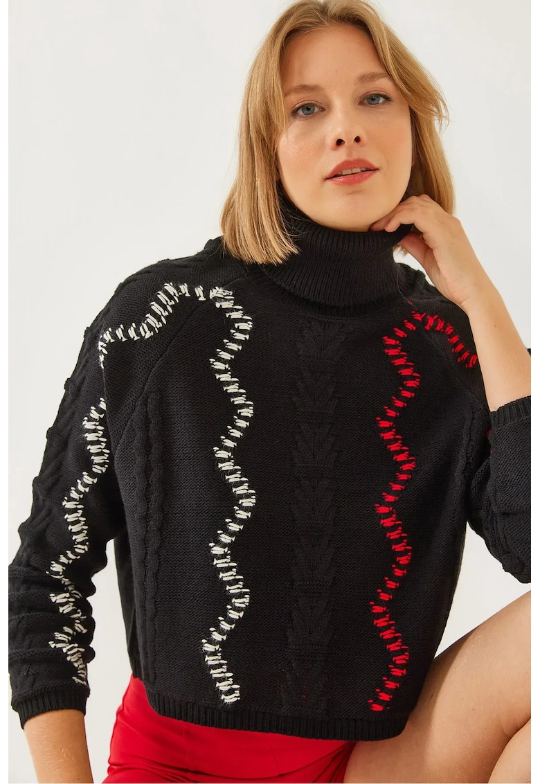 Pulover dama -  scurt cu guler inalt - negru - tricot -