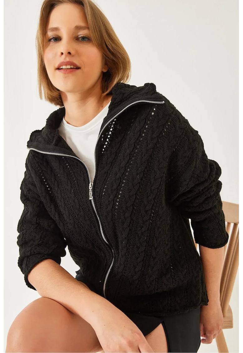 Cardigan -  texturat tricotat cu guler cu fermoar - negru - tricot -