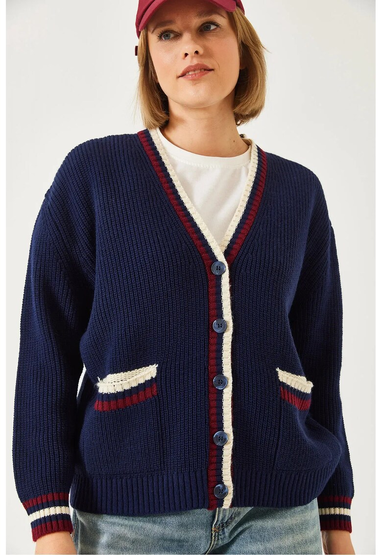 Pulover dama - cardigan cu model - decolteu in V - bleumarin - tricot -