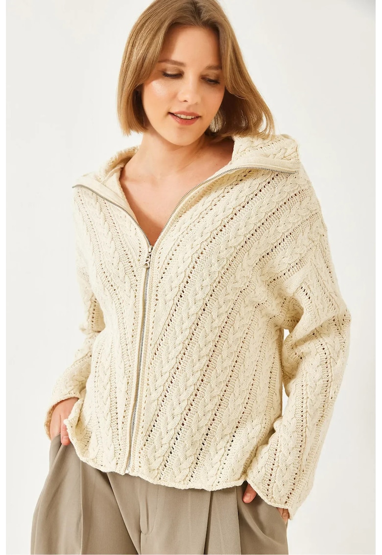 Cardigan tricotat  cu guler cu fermoar - texturat - bej - material acril -
