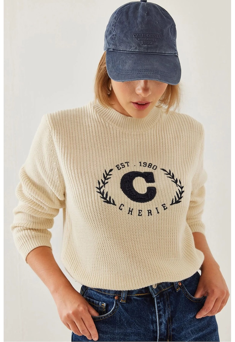 Pulover tricotat -  guler rotund - brodat - acril -