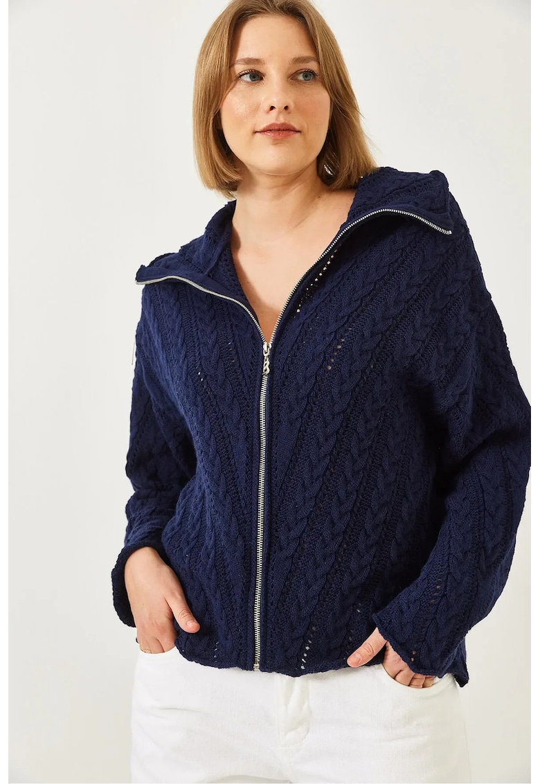 Pulover dama -  cardigan texturat tricotat - guler cu fermoar - bleumarin - acril -