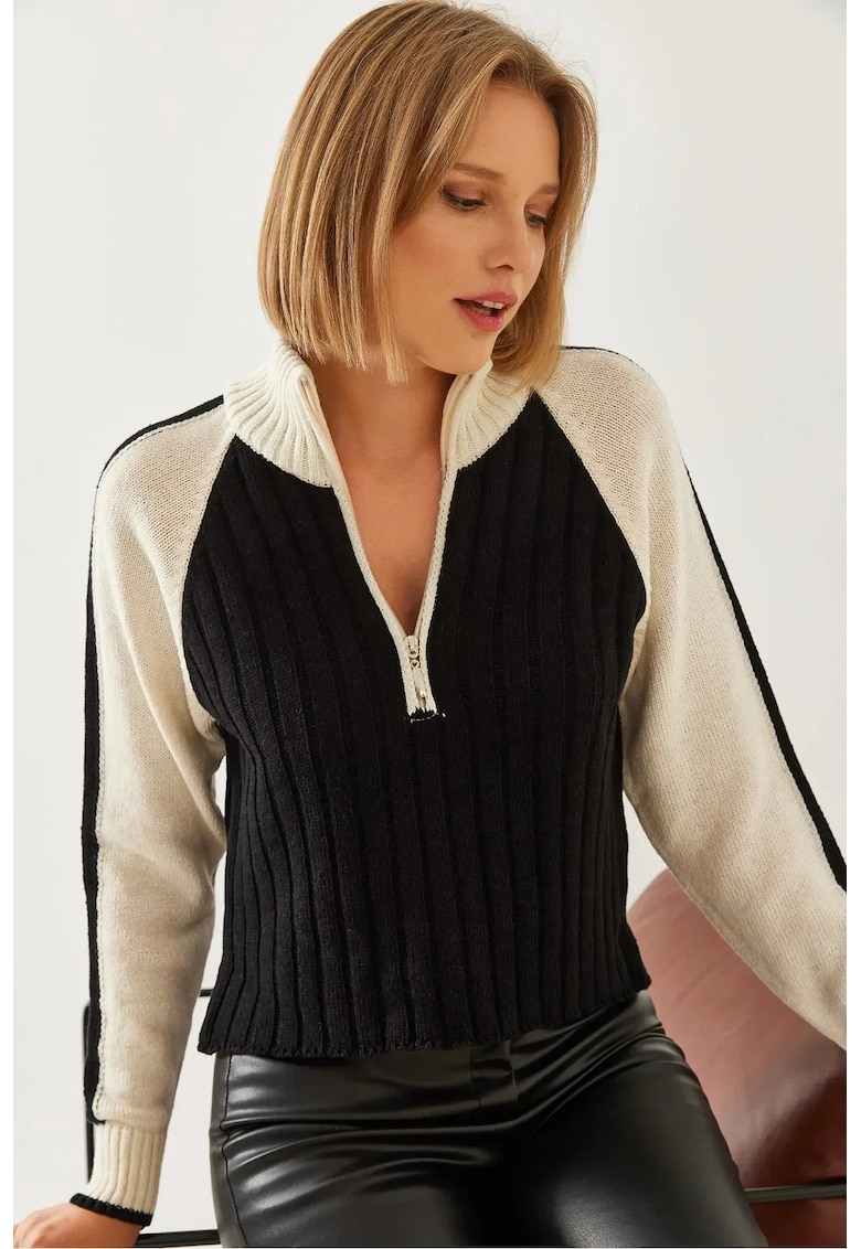 Pulover dama -  acrilic texturat - guler cu fermoar - negru - tricot -