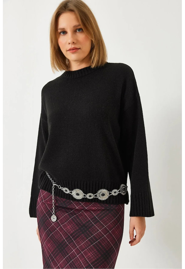 Pulover dama  Relaxed Fit - guler rotund - negru - tricot -