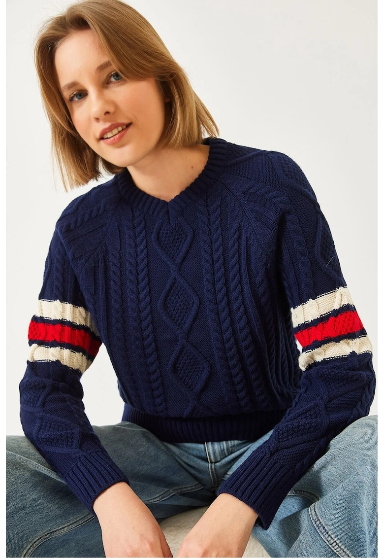 Pulover tricotat - model cu decolteu in V - bleumarin - tricot -