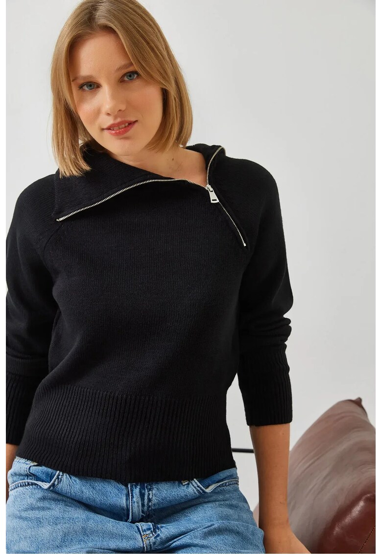 Pulover dama - tricotat acrilic - guler cu fermoar - negru -