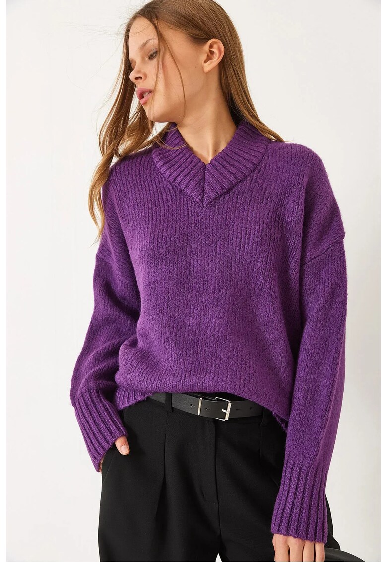 Pulover dama Relaxed Fit - decolteu in V - nervuri - mov - tricot -