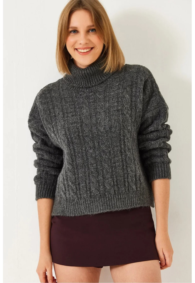 Pulover dama -  texturat - guler inalt - scurt - gri inchis - tricot -