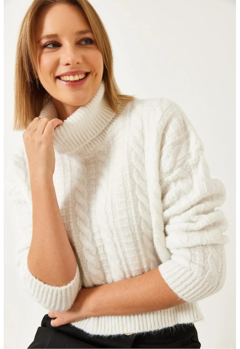 Pulover dama -  texturat - guler inalt - alb - tricot -