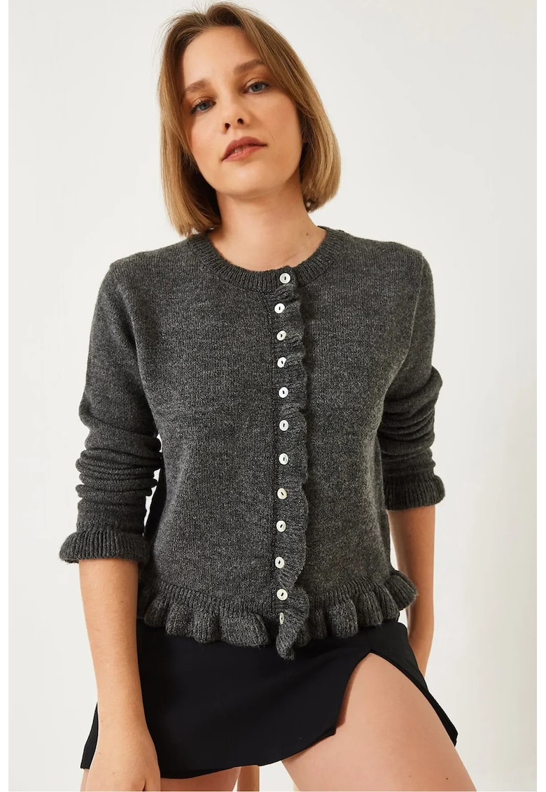 Pulover dama - cardigan cu guler rotund si volanase - tricot - Gri inchis -