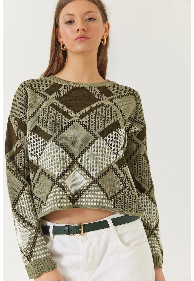 Pulover dama scurt - guler rotund - maneci lungi - kaki - tricot - Pulover dama scurt - guler rotund - maneci lungi - kaki - tricot -