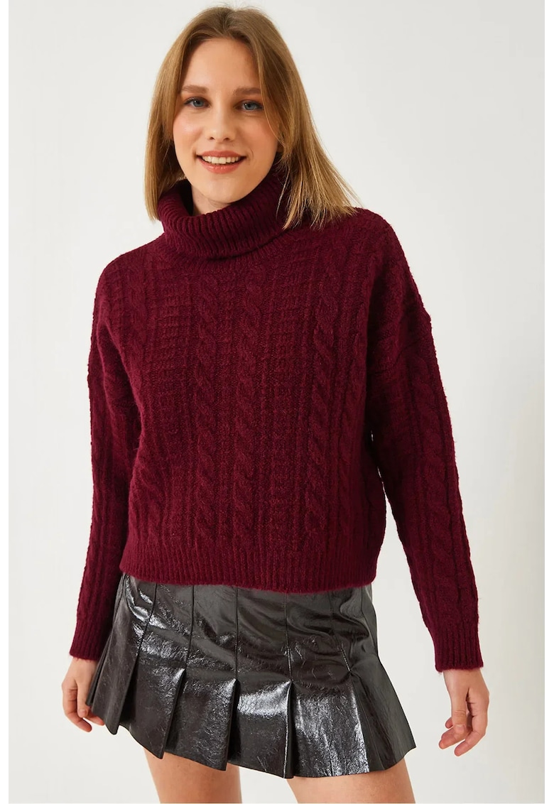 Pulover dama  scurt - guler inalt - texturat - visiniu - tricot -