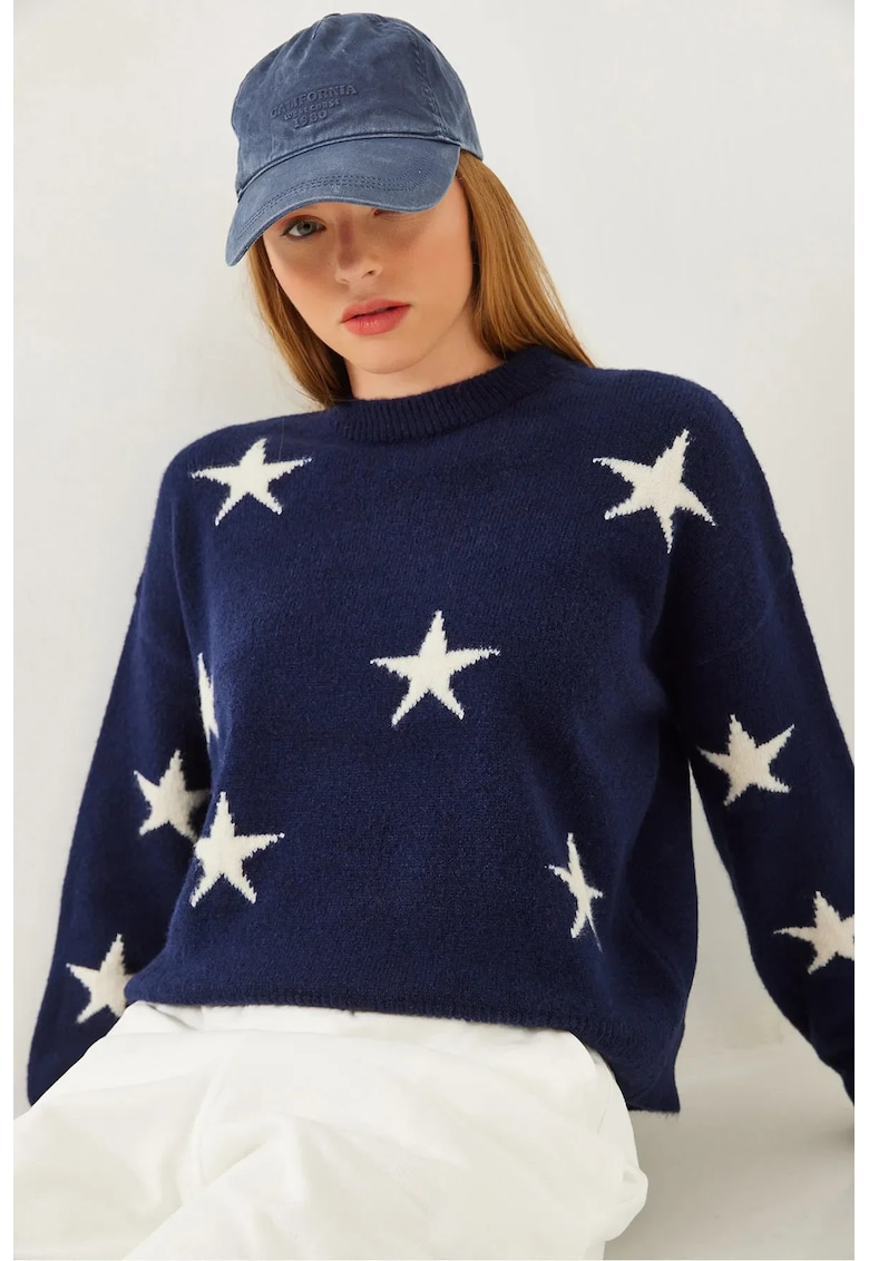 Pulover dama - acrilic - model in stea - bleumarin - tricot - Pulover dama - acrilic - model in stea - bleumarin - tricot -