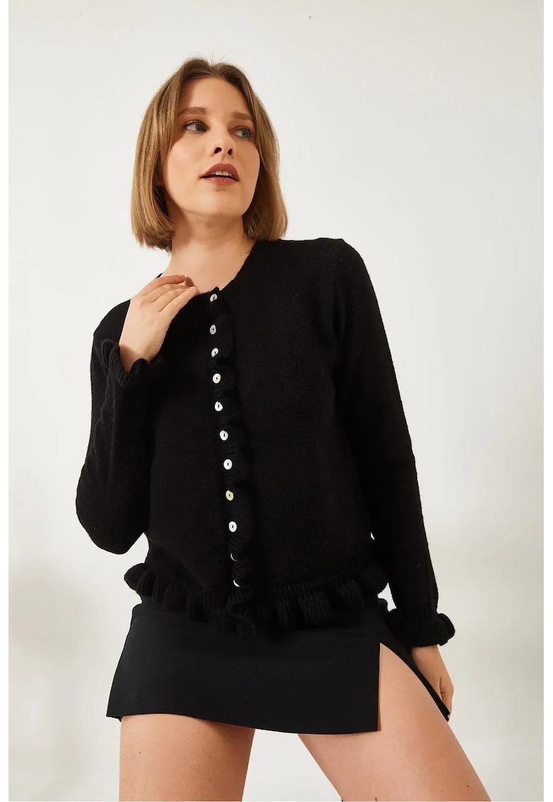 Pulover dama - cardigan cu volane - negru - tricot - Pulover dama - cardigan cu volane - negru - tricot -