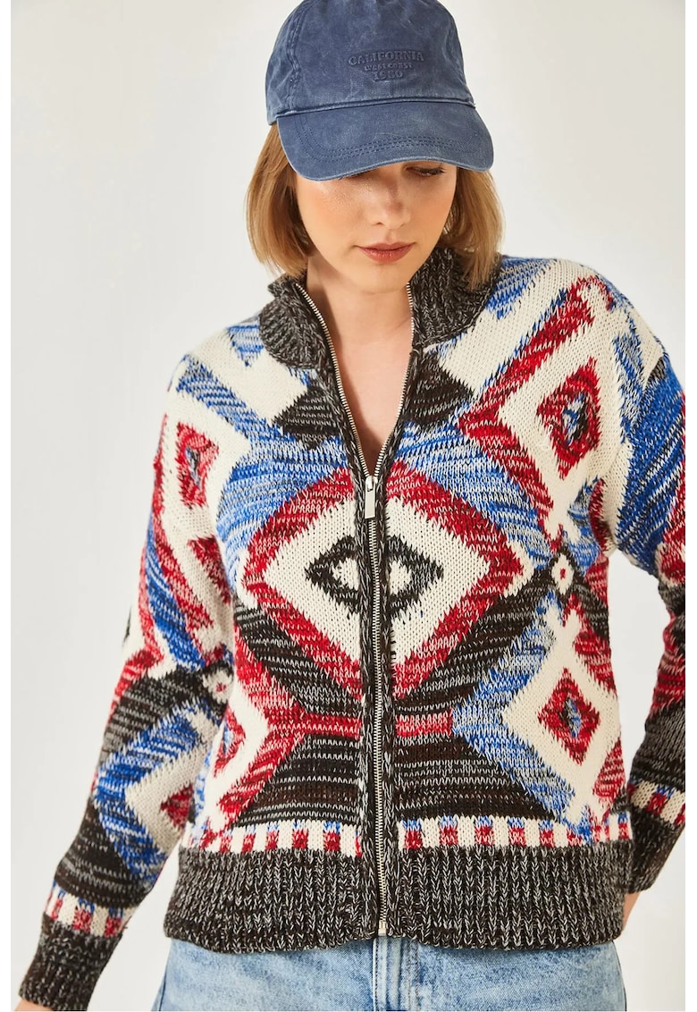 Pulover dama -  cardigan cu guler cu fermoar - model geometric - multicolor - tricot -