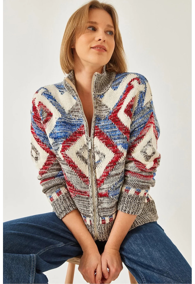 Pulover dama -  cardigan cu guler cu fermoar - model geometric - multicolor - tricot -