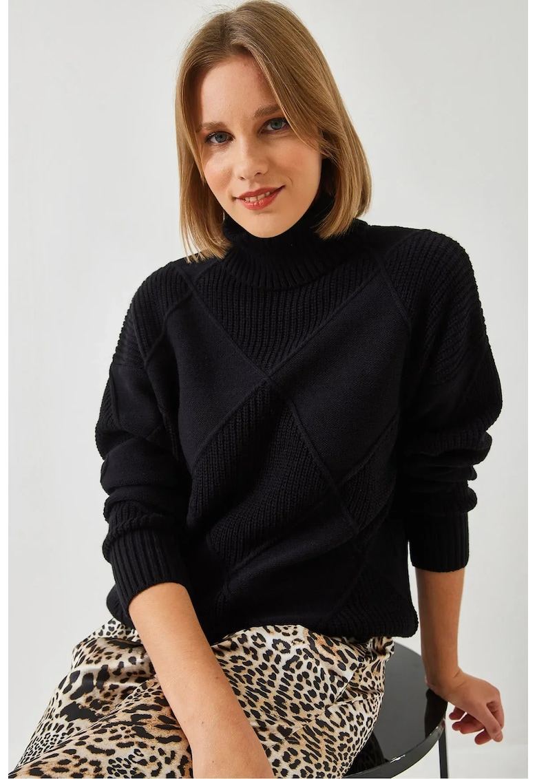 Pulover dama -  guler inalt texturat - negru - tricot -