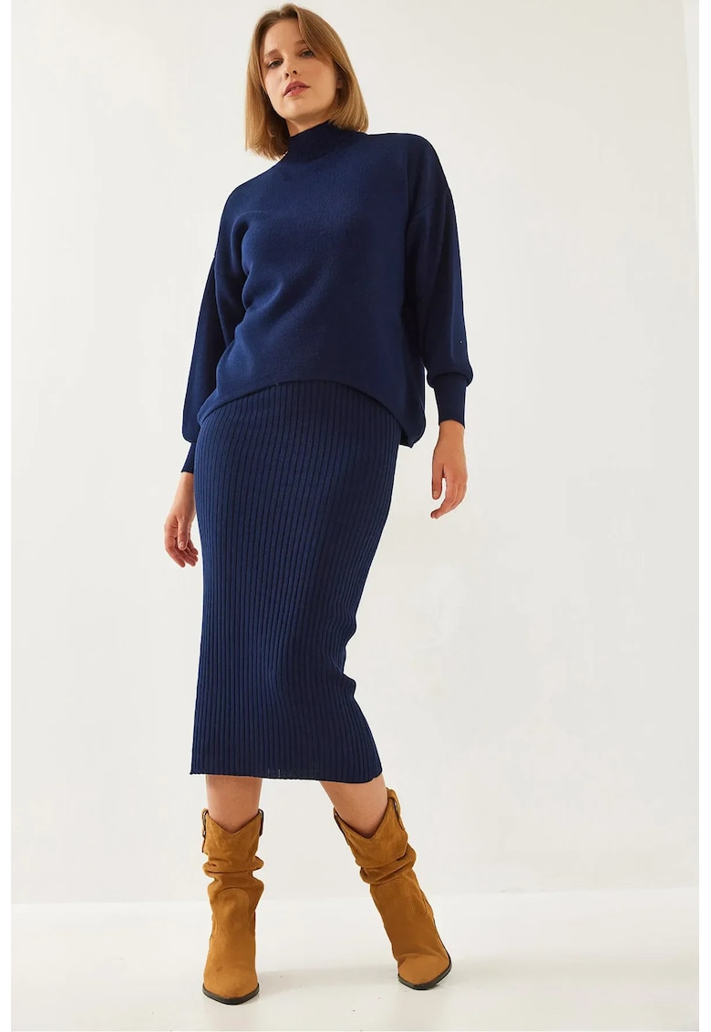 Rochie - Set de tricotaje cu guler cu nervuri - bleumarin - tricot -