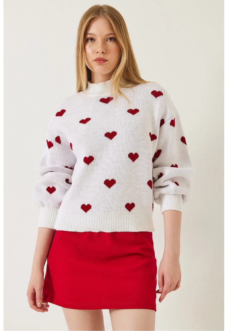 Pulover dama -  cu guler rotund - model cu inima - croiala lejera - alb - tricot -