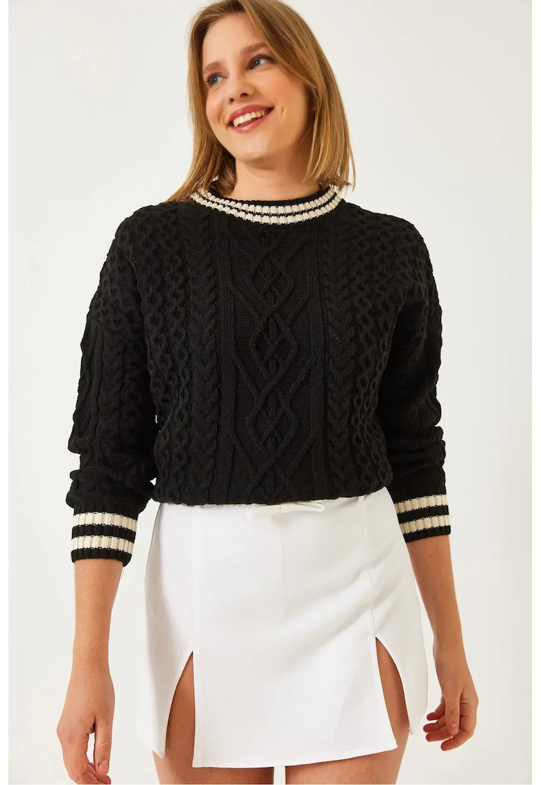 Pulover tricotat - model Dobby - detalii nervurate - negru - acril -