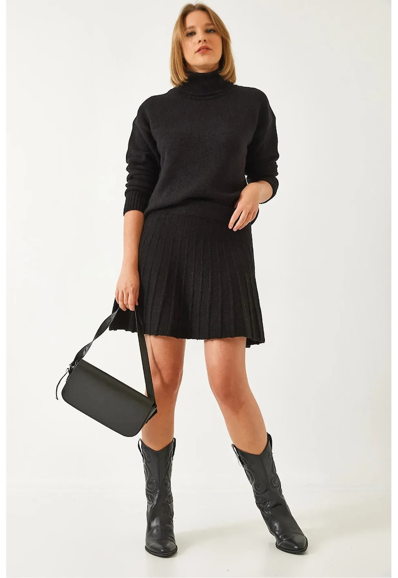 Rochie eleganta - set tricotat - guler inalt - negru - tricot -