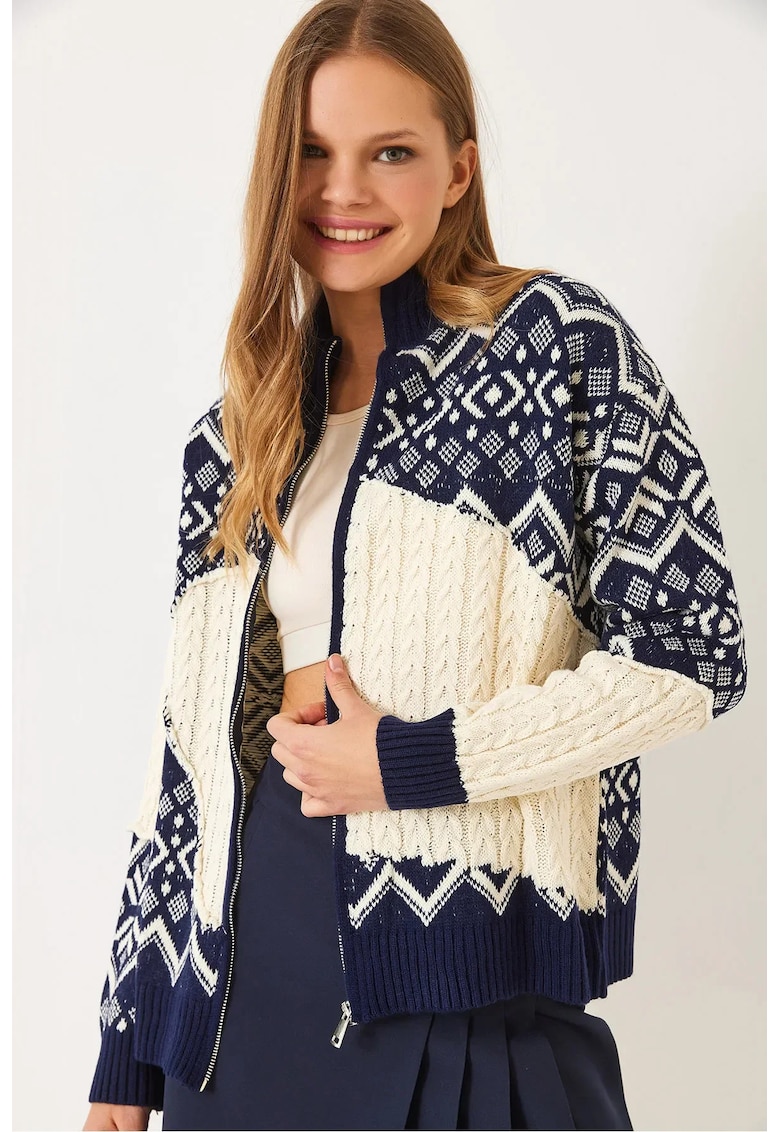 Cardigan -  cu guler cu fermoar - model geometric - tricot -
