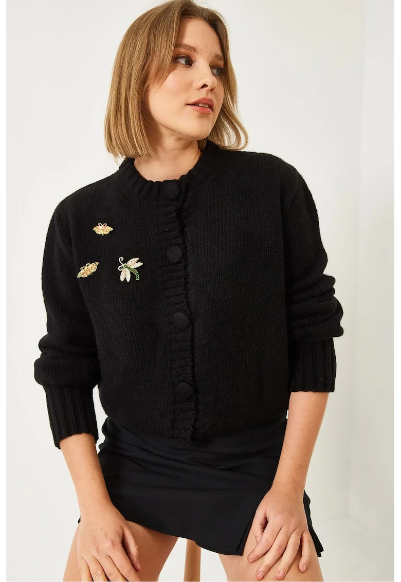 Cardigan Femei  texturat - cu pompom - negru - tricot - Cardigan Femei  texturat - cu pompom - negru - tricot -