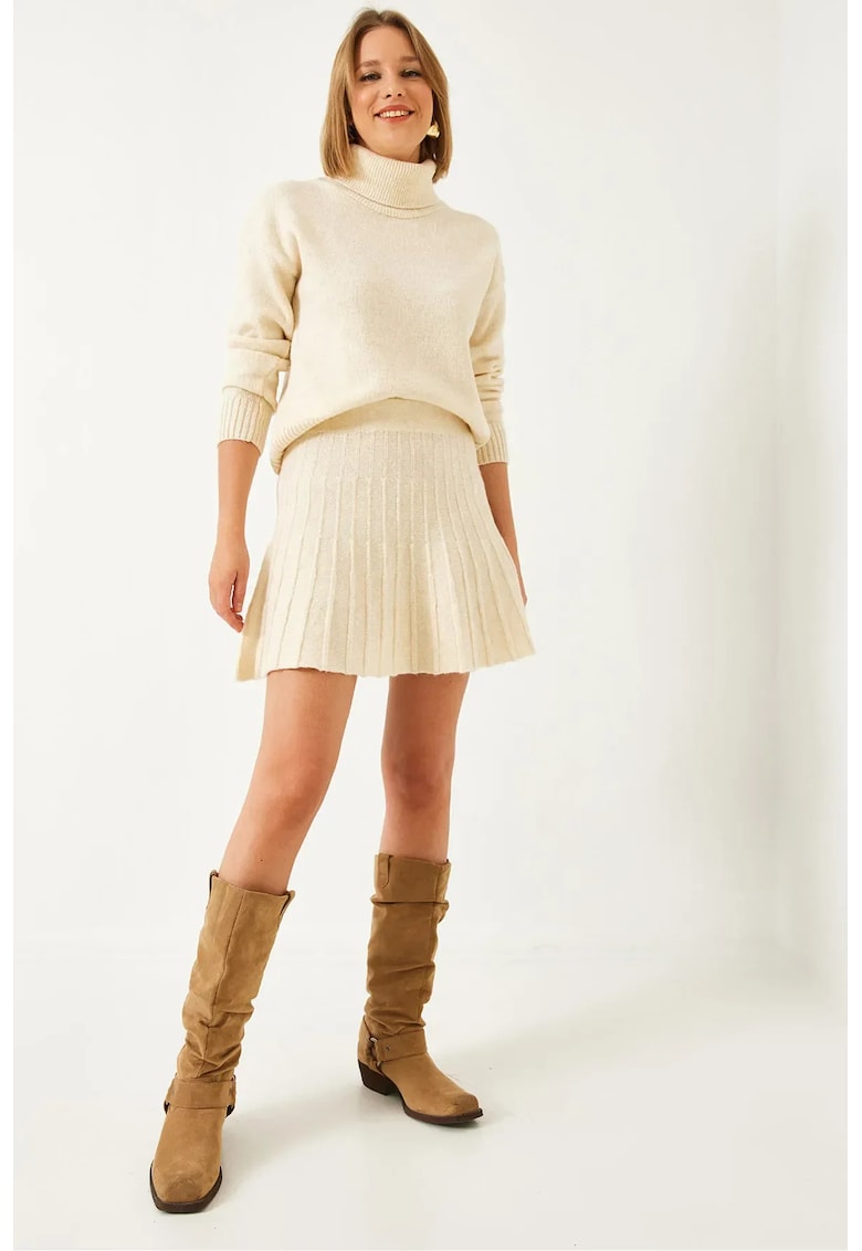 Rochie set tricotat - guler inalt - bej - material confortabil -