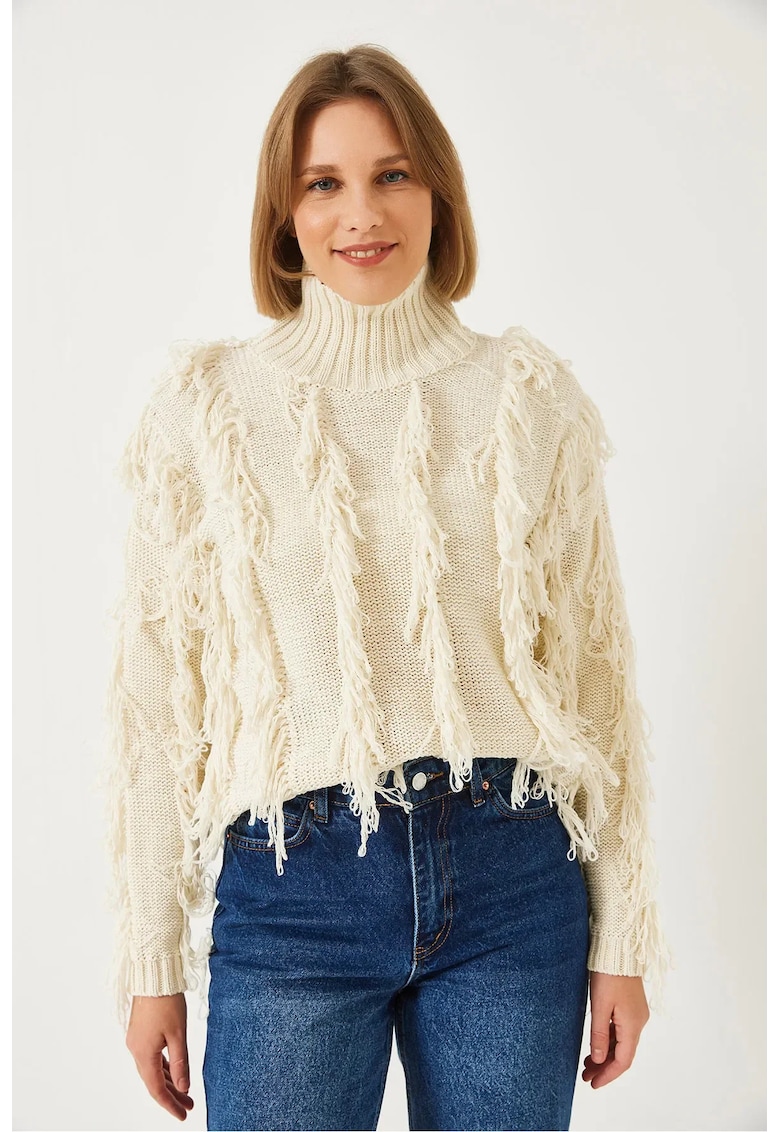 Pulover scurt - guler inalt - volanase - bej - tricot -