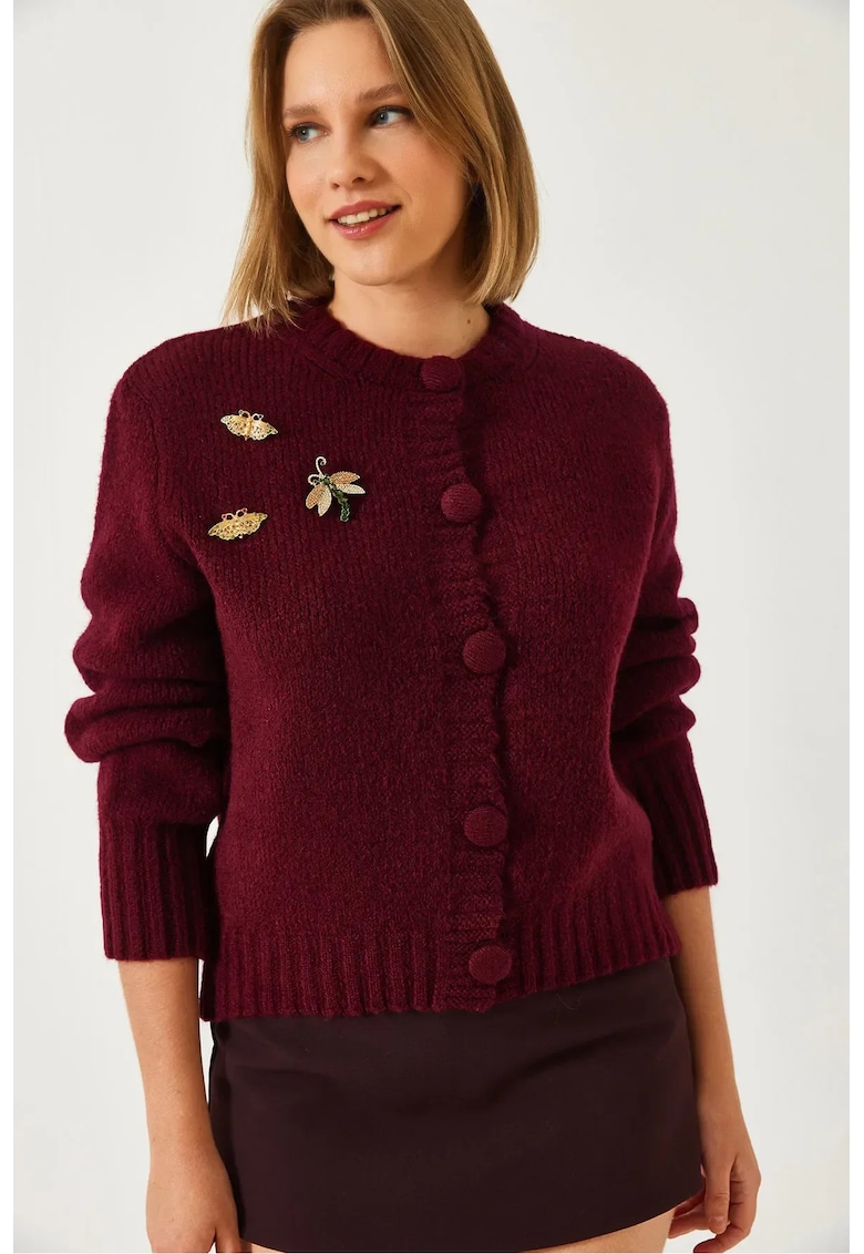 Cardigan -  texturat tricotat cu pompon - visiniu - tricot -