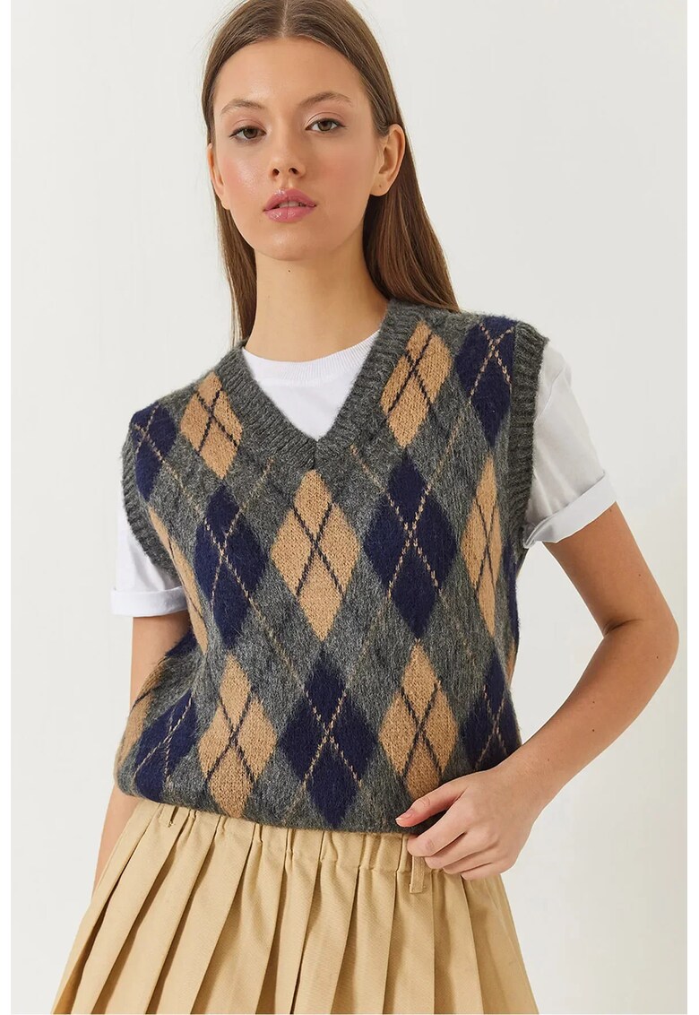 Pulover tricotat - model Baclava - multicolor - material acrilic - poliester si elastan -