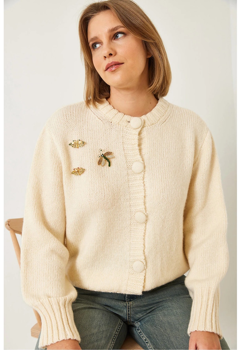 Cardigan - HiCCUP - tricotat cu pompon - bej - amestec acrilic-poliester-elastan -