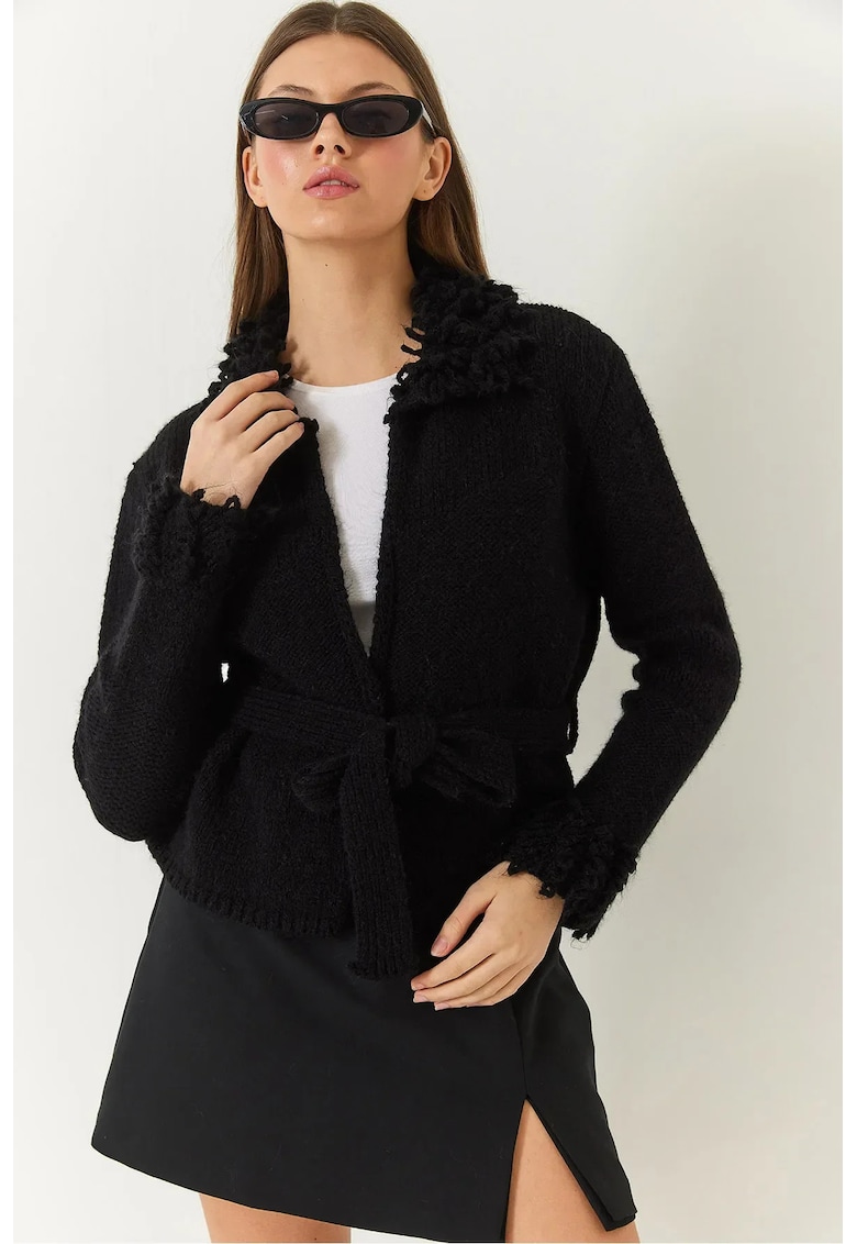 Pulover dama -  cardigan cu guler sal si volanase - negru - tricot -
