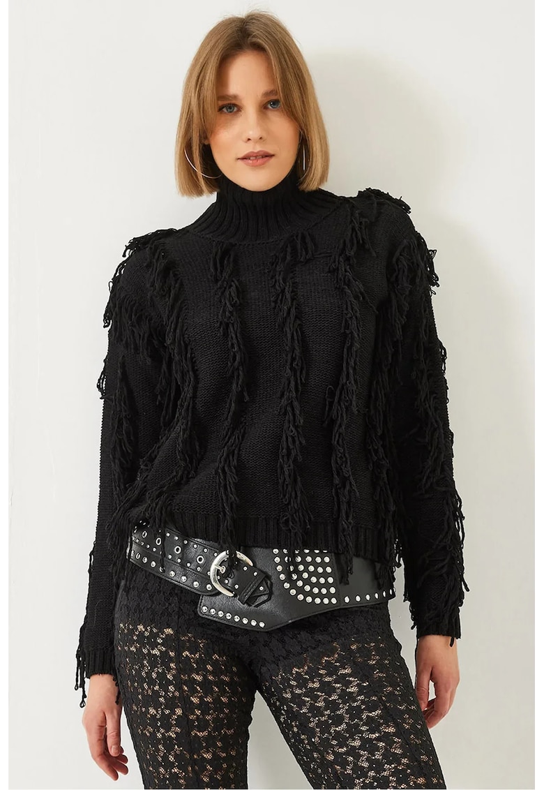 Pulover dama -  scurt cu guler inalt si volanase - negru - tricot -