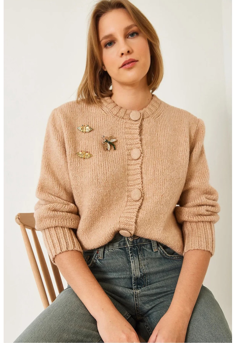 Pulover dama -  cardigan texturat tricotat cu pompon - tricot -