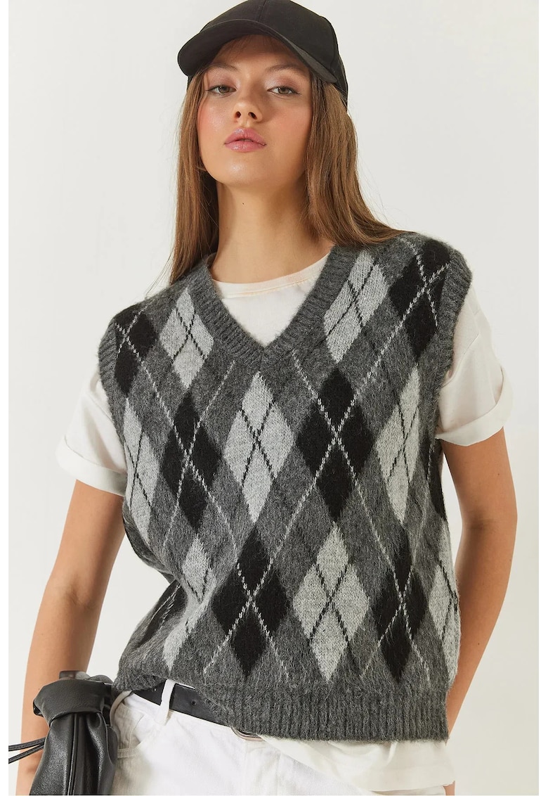 Pulover tricotat -  model Baclava - negru-gri - material tricot - fara maneci -