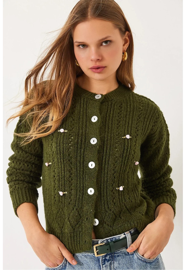 Pulover dama -  cardigan texturat tricotat - inchidere cu nasturi - verde padure - tricot -