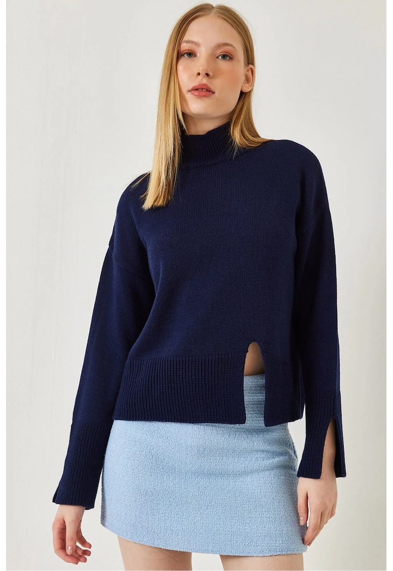 Pulover dama - guler inalt - croiala lejera - bleumarin - tricot -