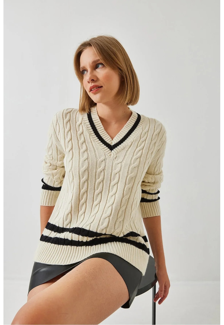 Pulover tricotat cu nervuri -  model Baclava - bej - tricot -