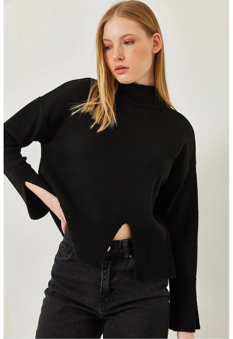 Pulover dama -  guler inalt - crapatura - negru - tricot - Pulover dama -  guler inalt - crapatura - negru - tricot -