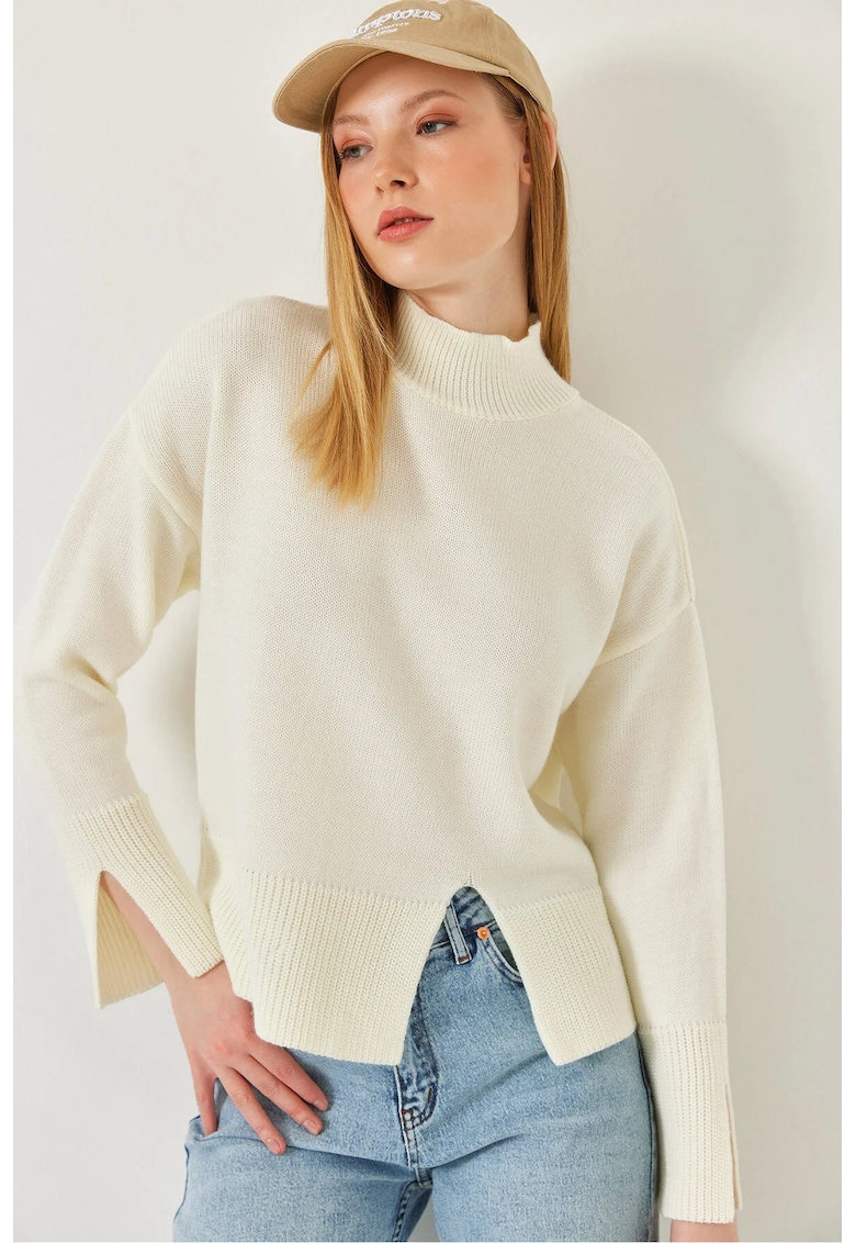 Pulover dama  Relaxed Fit - guler inalt - crapatura laterala - bej - tricot -