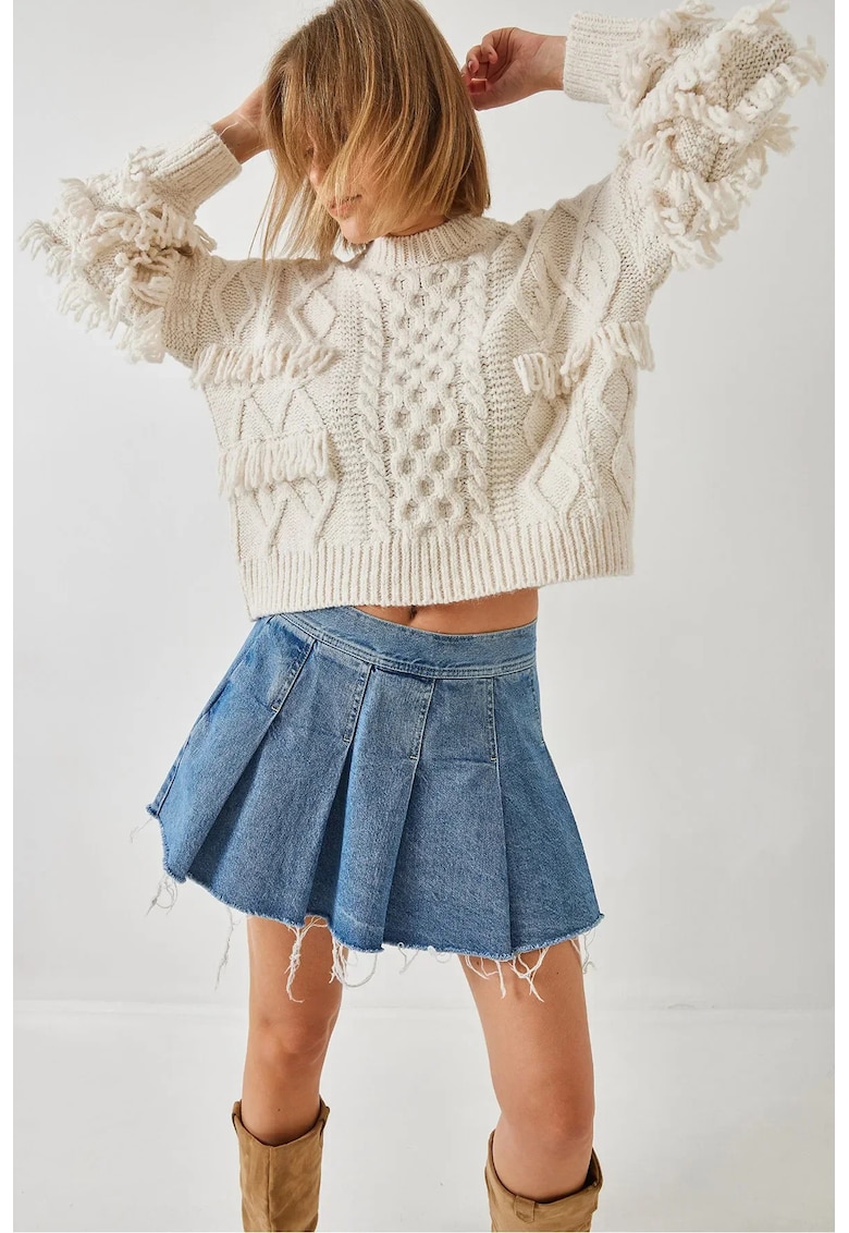 Pulover dama -  tricotat scurt cu textura si volanase - bej -