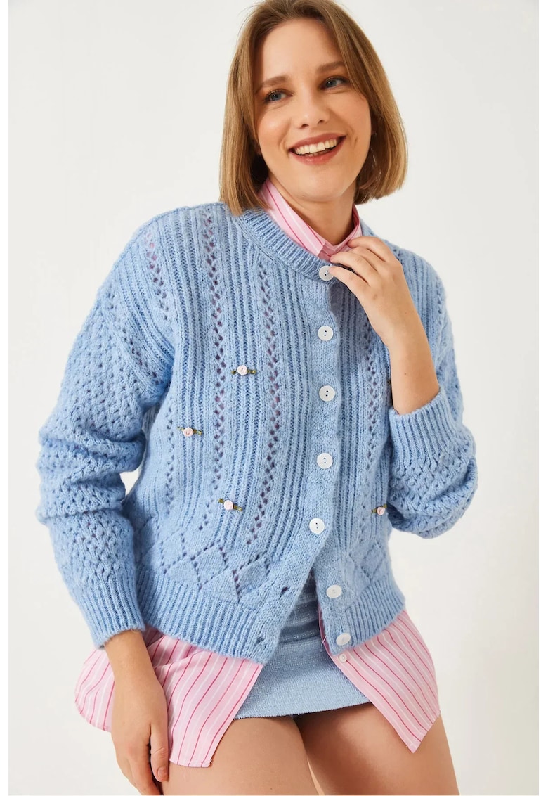 Pulover dama -  cardigan texturat tricotat - albastru - amestec acrilic-poliester-elastan -